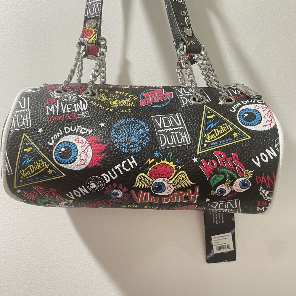 Von Dutch Y2K Barrel Shoulder Bag NWT - Black Jax Graphic Eyeball - Picture 2 of 6